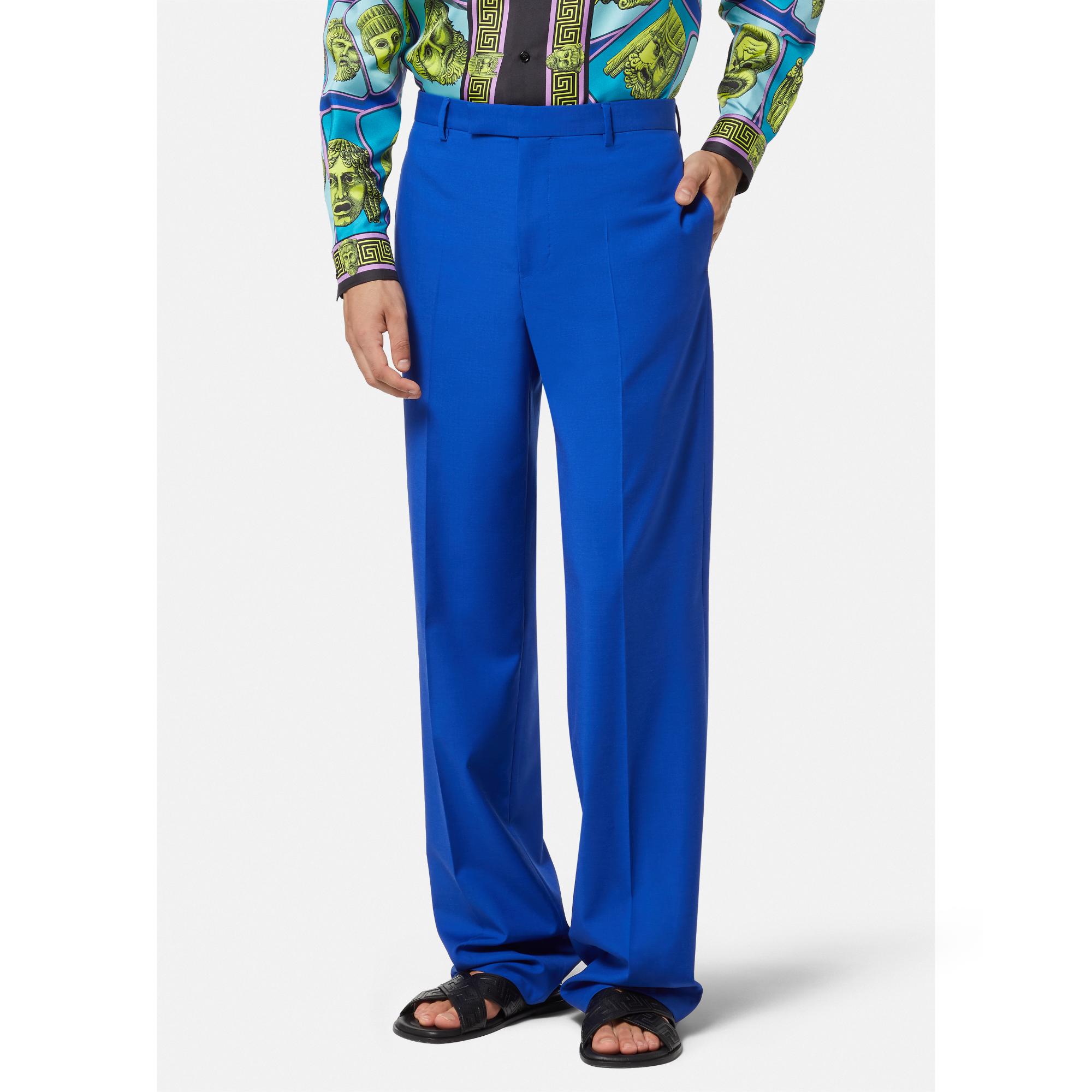 Men Silk and Wool Blend Trousers - Blue