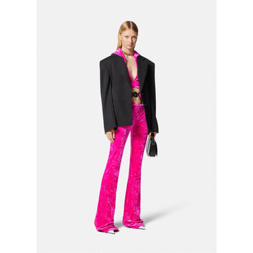 Women Rolled Flared Velvet Trousers - Pink