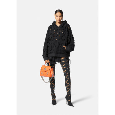 Women Distressed Slashed Oversized Hoodie - Black