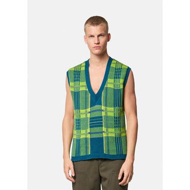 Men Checked Cable-Knit Vest - Green