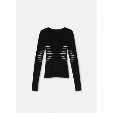 Women Slashed Knit Long-Sleeved Top - Black