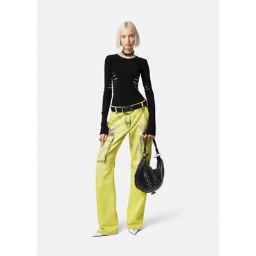 Women Slashed Knit Long-Sleeved Top - Black