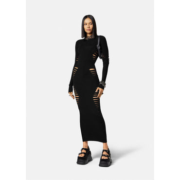 Women Slashed Knit Midi Dress - Black
