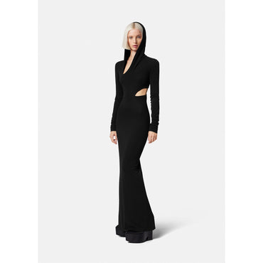 Women Slashed Hoodie Long Dress - Black