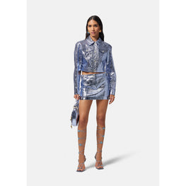 Women Metallic Leather Mini Skirt - Purple