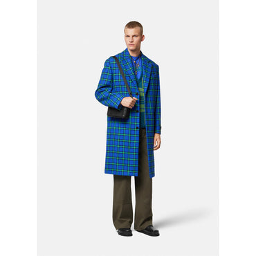 Men Checked Single-Breasted Long Coat - Blue