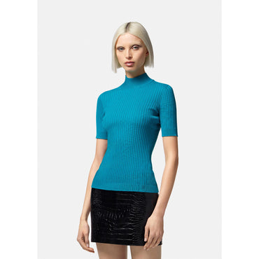Women Ribbed Knit T-Shirt - Blue