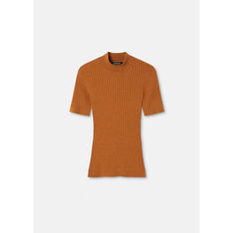 Women Ribbed Knit T-Shirt - Brown