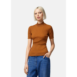Women Ribbed Knit T-Shirt - Brown