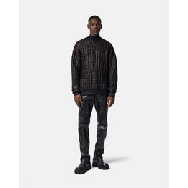 Men Croc-Effect Laminated Jacquard Sweater - Black