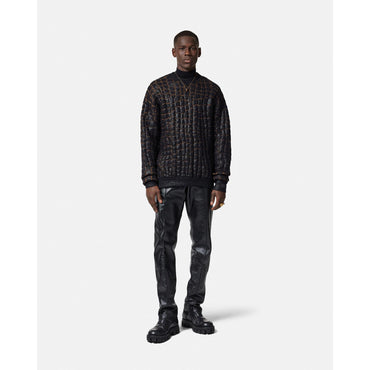 Men Croc-Effect Laminated Jacquard Sweater - Black