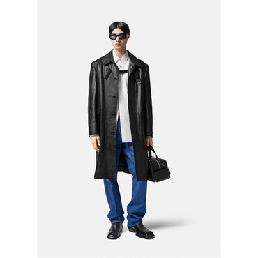 Men Long Leather Coat - Black