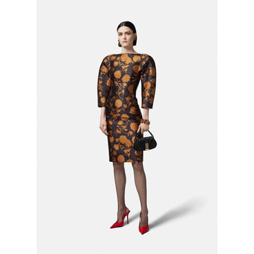 Women Floral Silhouette Rounded Midi Dress - Black