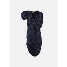 Women Draped Pleated Midi Dress - Navy