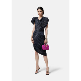 Women Draped Pleated Midi Dress - Navy
