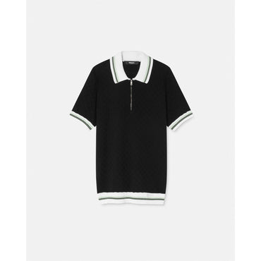 Men Contrasto Jacquard Knit Polo Shirt - Black
