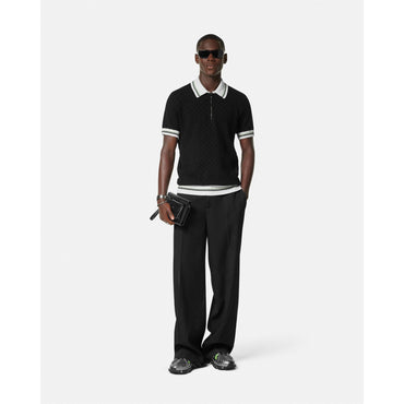 Men Contrasto Jacquard Knit Polo Shirt - Black