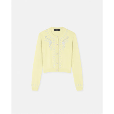 Women Embroidered Cashmere Knit Cardigan - Yellow