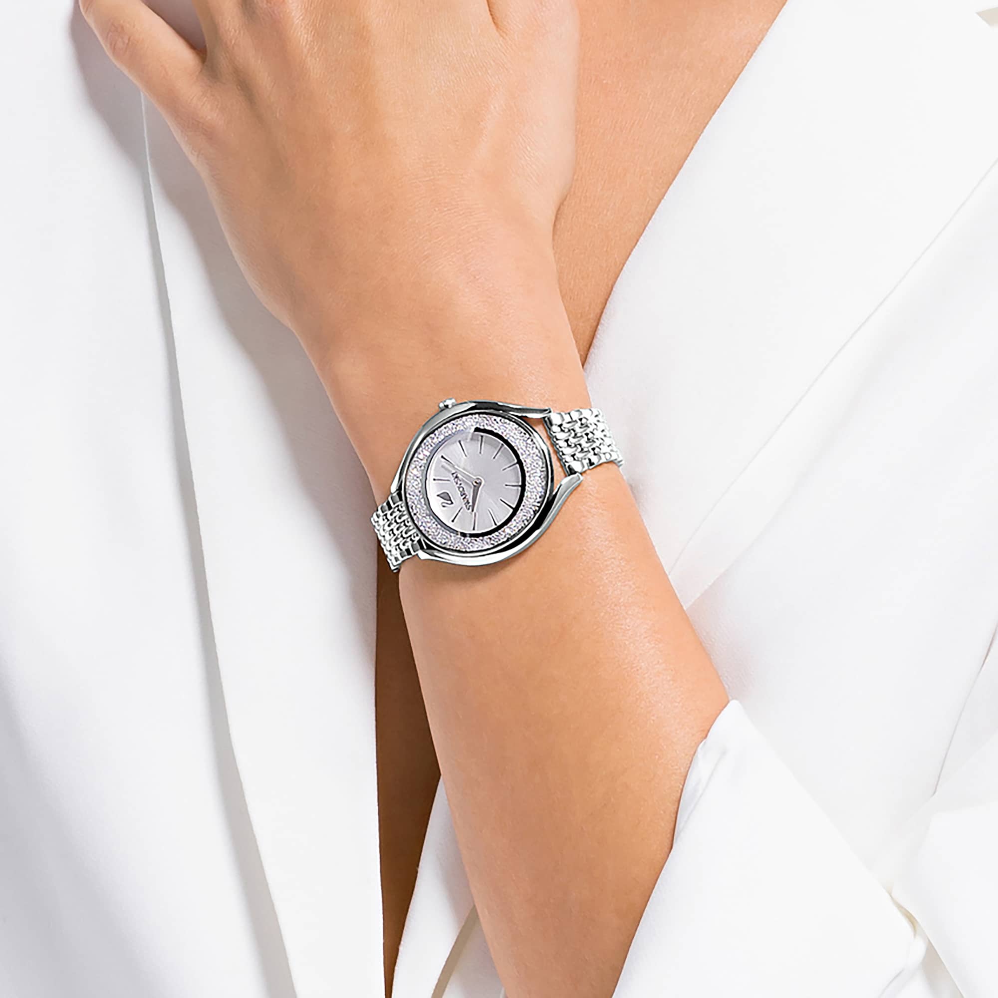 Crystalline aura watch, Swiss Made, Metal bracelet, Silver tone, Stainless steel