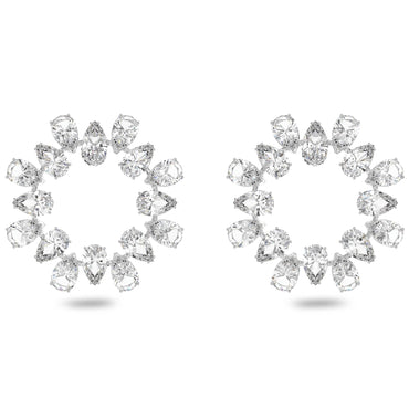 Matrix hoop earrings, Pear cut, White, Rhodium plated