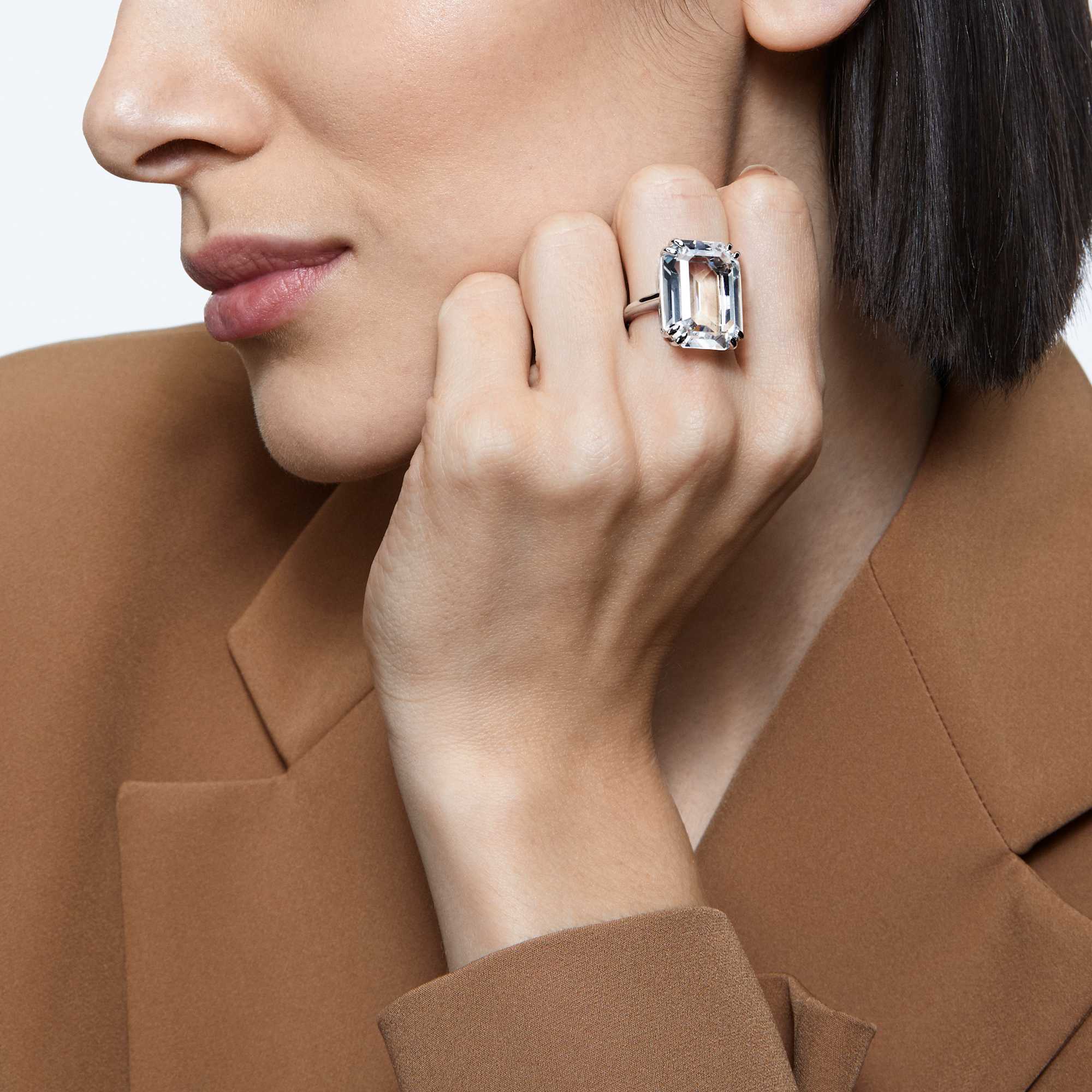 Mesmera cocktail ring, Octagon cut, White, Rhodium plated - 50cm