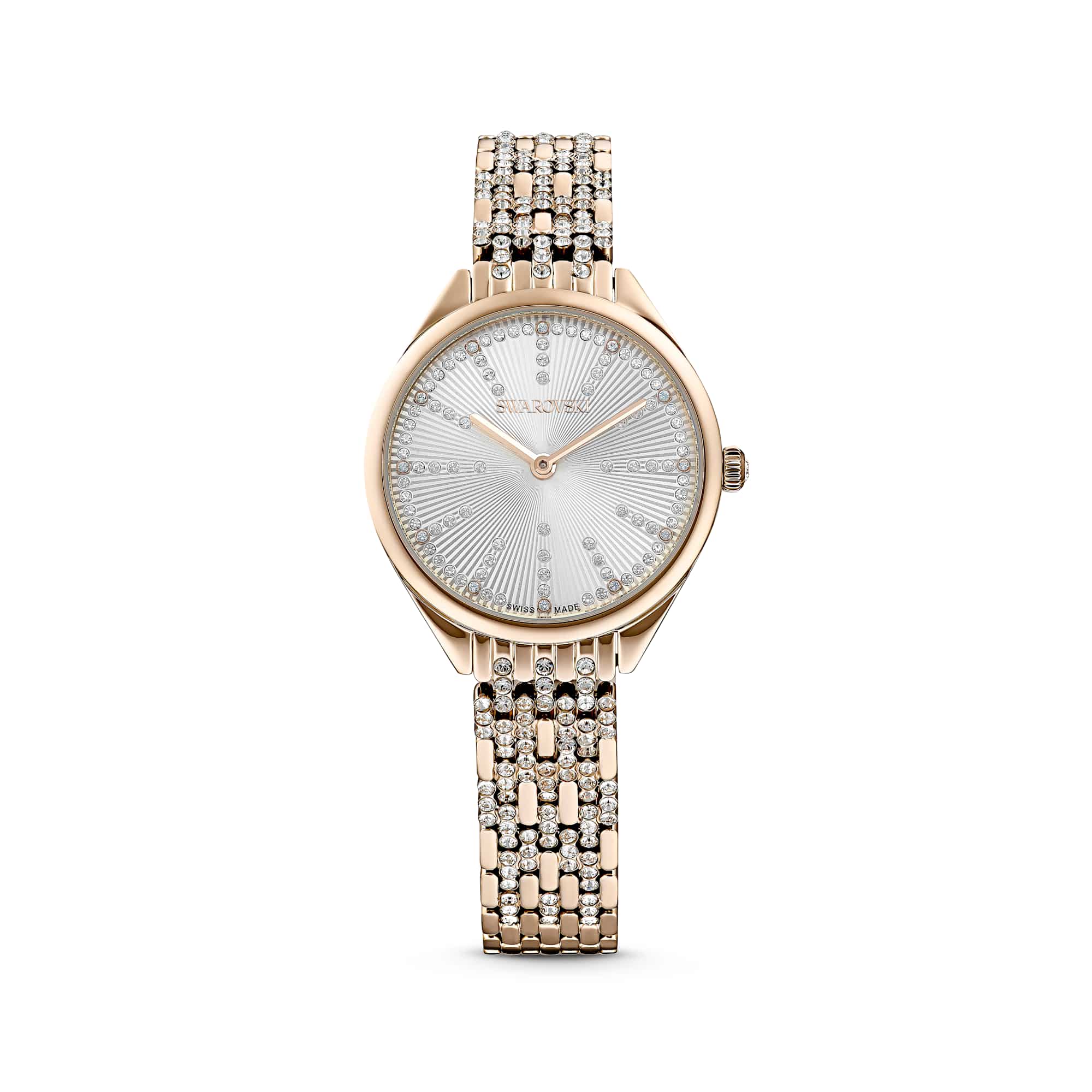 Attract watch, Swiss Made, Pavé, Crystal bracelet, Gold tone, Champagne gold-tone finish