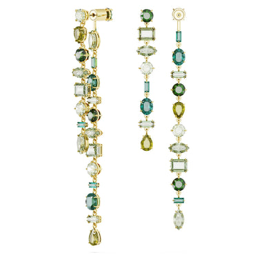 Gema drop earrings, Asymmetrical design, Mixed cuts, Extra long, Green, 18K gold finish