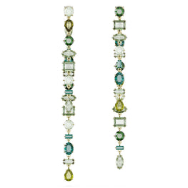 Gema drop earrings, Asymmetrical design, Mixed cuts, Extra long, Green, 18K gold finish