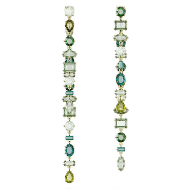 Gema drop earrings, Asymmetrical design, Mixed cuts, Extra long, Green, 18K gold finish