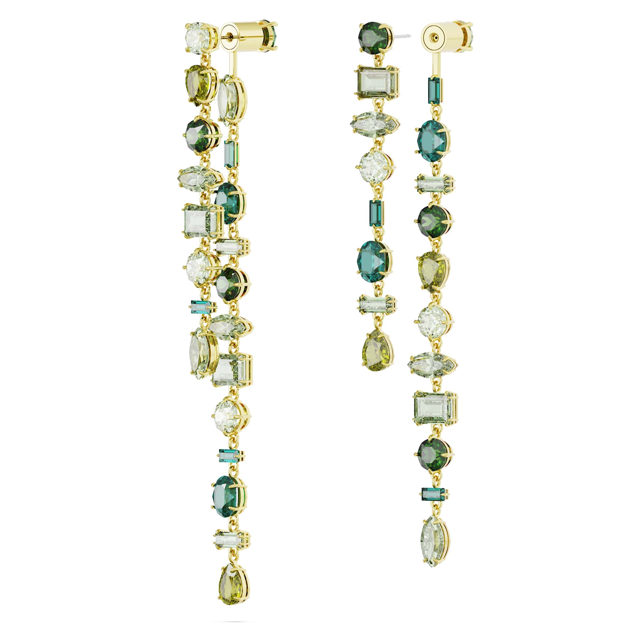 Gema drop earrings, Asymmetrical design, Mixed cuts, Extra long, Green, 18K gold finish