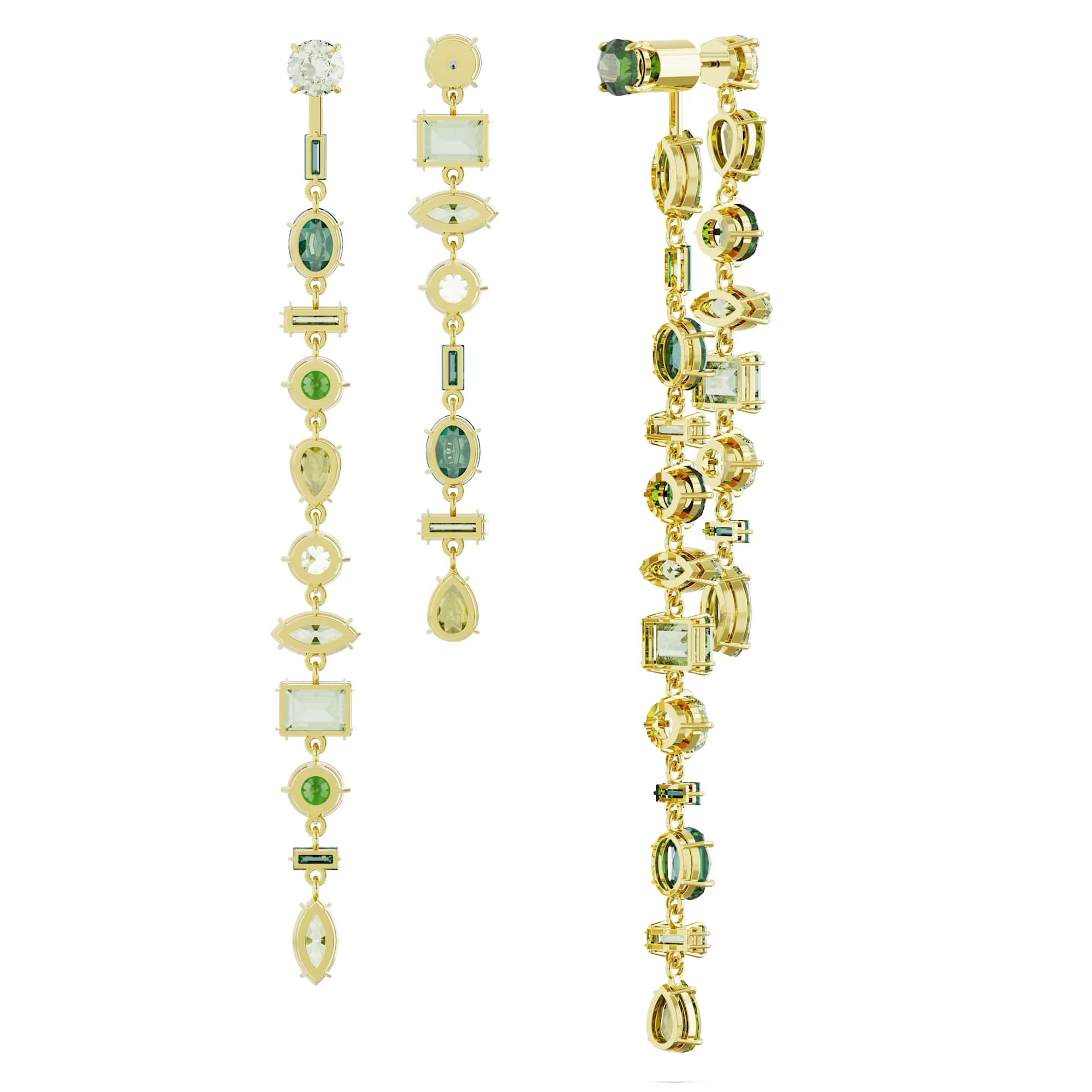 Gema drop earrings, Asymmetrical design, Mixed cuts, Extra long, Green, 18K gold finish