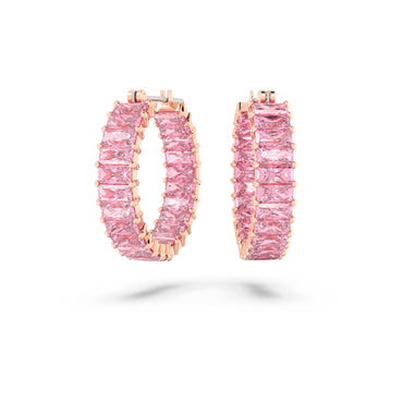 Matrix hoop earrings, Baguette cut, Pink, 18K rose gold finish
