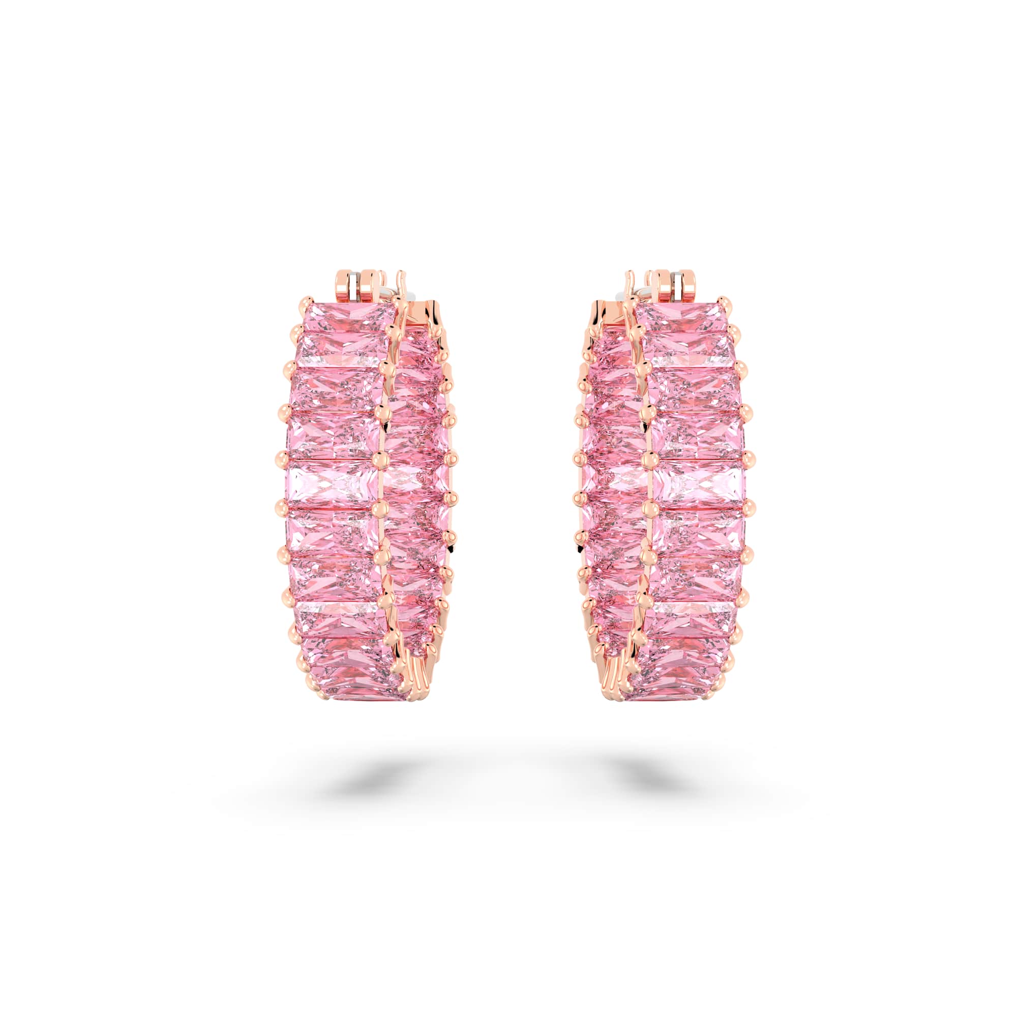 Matrix hoop earrings, Baguette cut, Pink, 18K rose gold finish