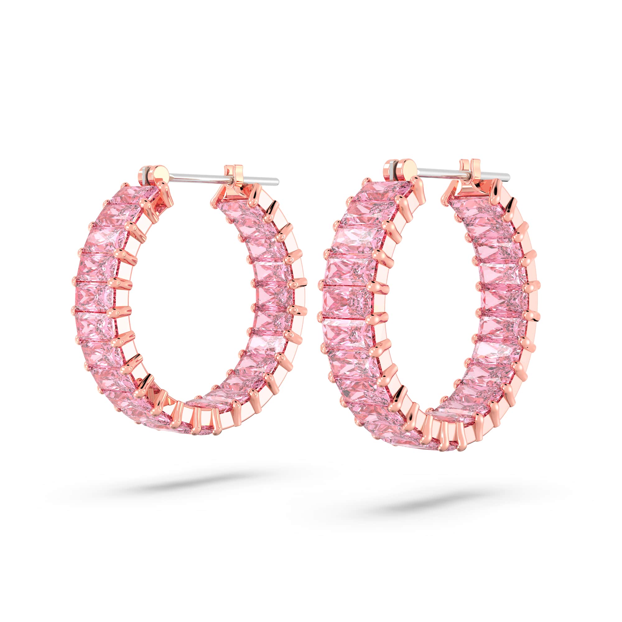 Matrix hoop earrings, Baguette cut, Pink, 18K rose gold finish