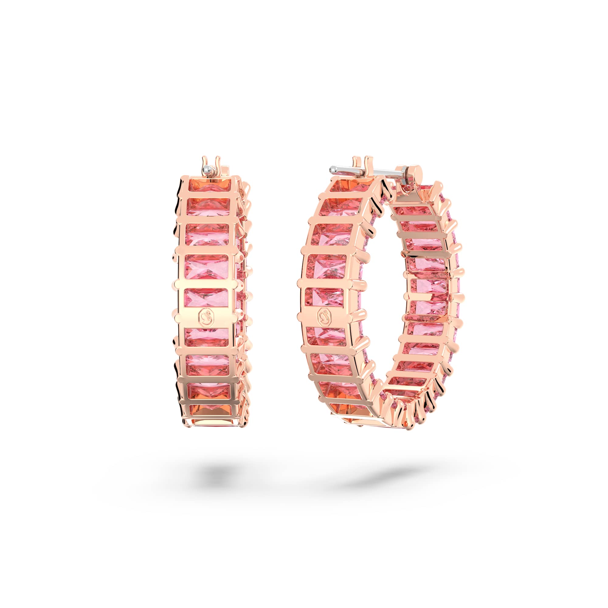 Matrix hoop earrings, Baguette cut, Pink, 18K rose gold finish