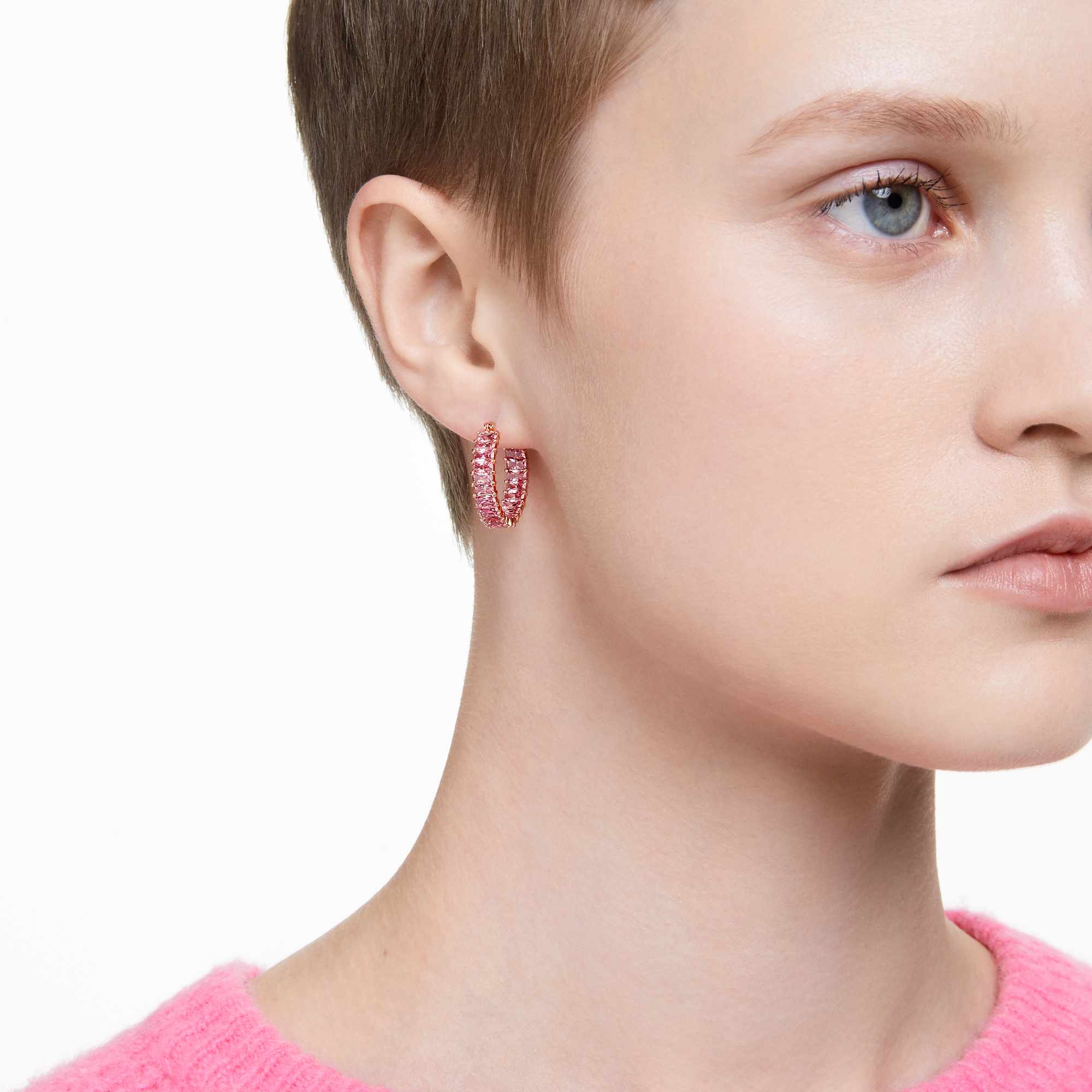 Matrix hoop earrings, Baguette cut, Pink, 18K rose gold finish