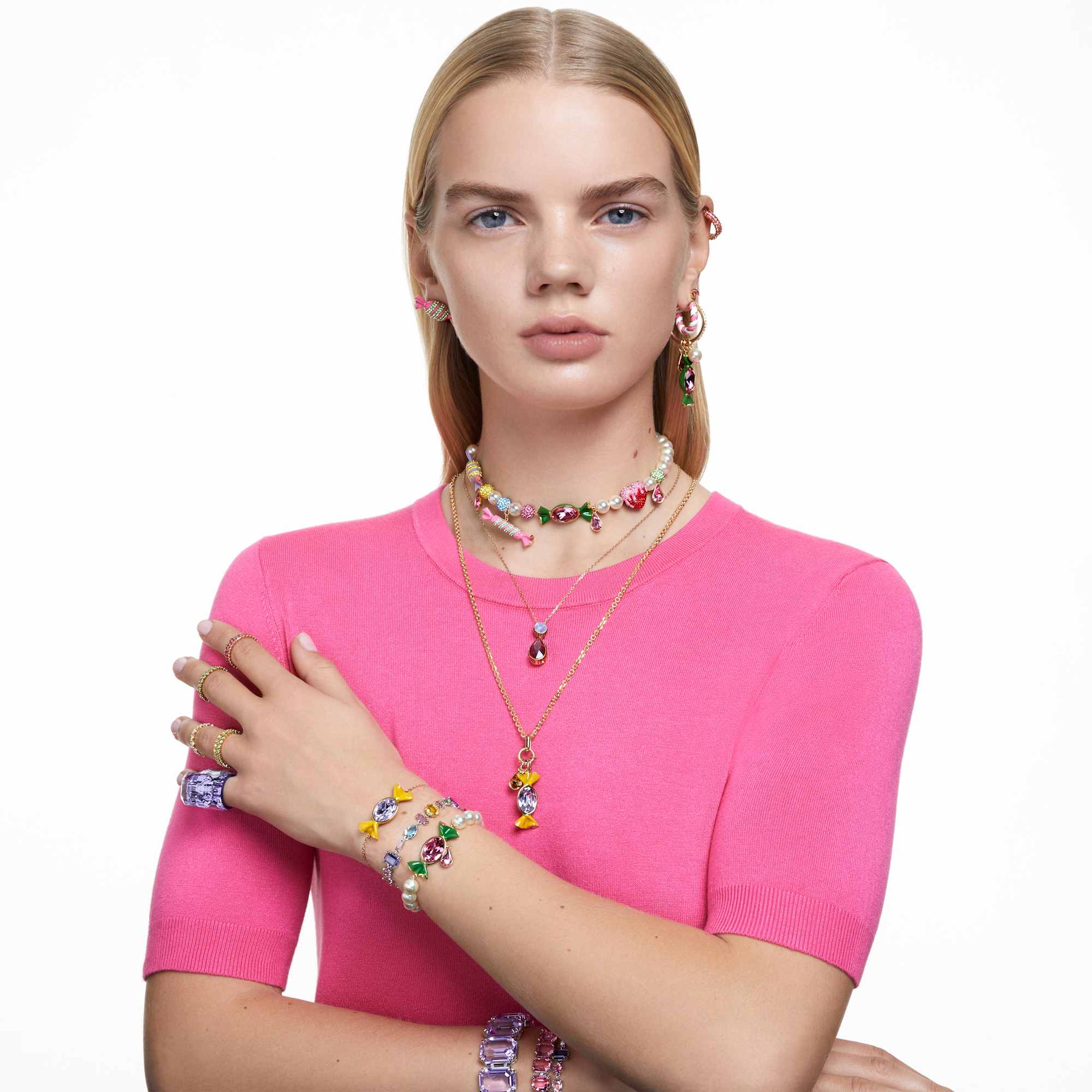 Matrix hoop earrings, Baguette cut, Pink, 18K rose gold finish