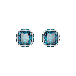 Birthstone stud earrings, Square cut, December, Blue, Rhodium plated