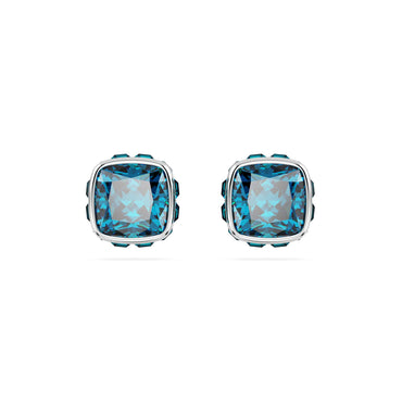 Birthstone stud earrings, Square cut, December, Blue, Rhodium plated