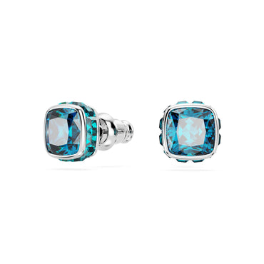Birthstone stud earrings, Square cut, December, Blue, Rhodium plated