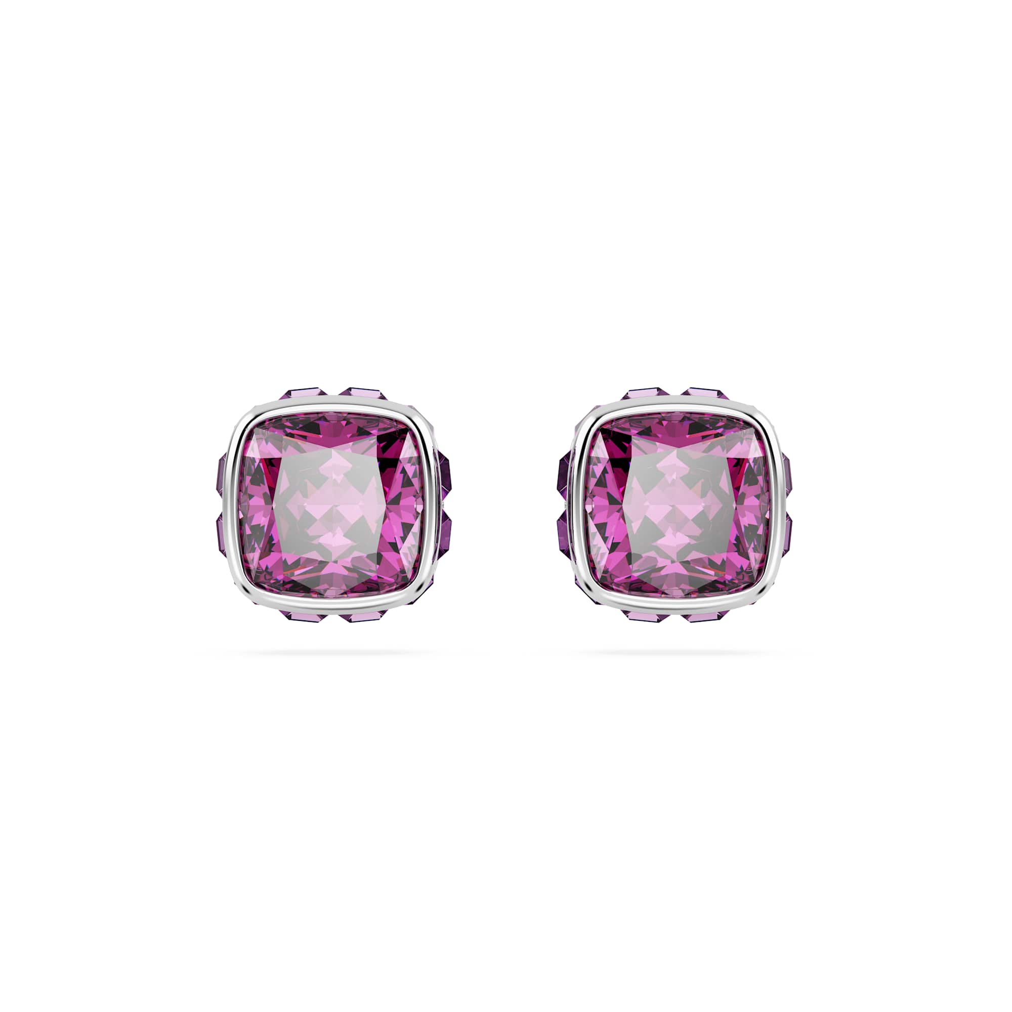Birthstone stud earrings, Square cut, February, Purple, Rhodium plated