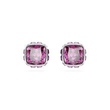 Birthstone stud earrings, Square cut, February, Purple, Rhodium plated