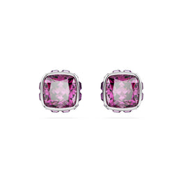 Birthstone stud earrings, Square cut, February, Purple, Rhodium plated