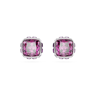 Birthstone stud earrings, Square cut, February, Purple, Rhodium plated
