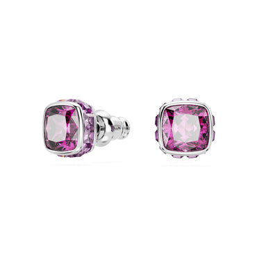 Birthstone stud earrings, Square cut, February, Purple, Rhodium plated
