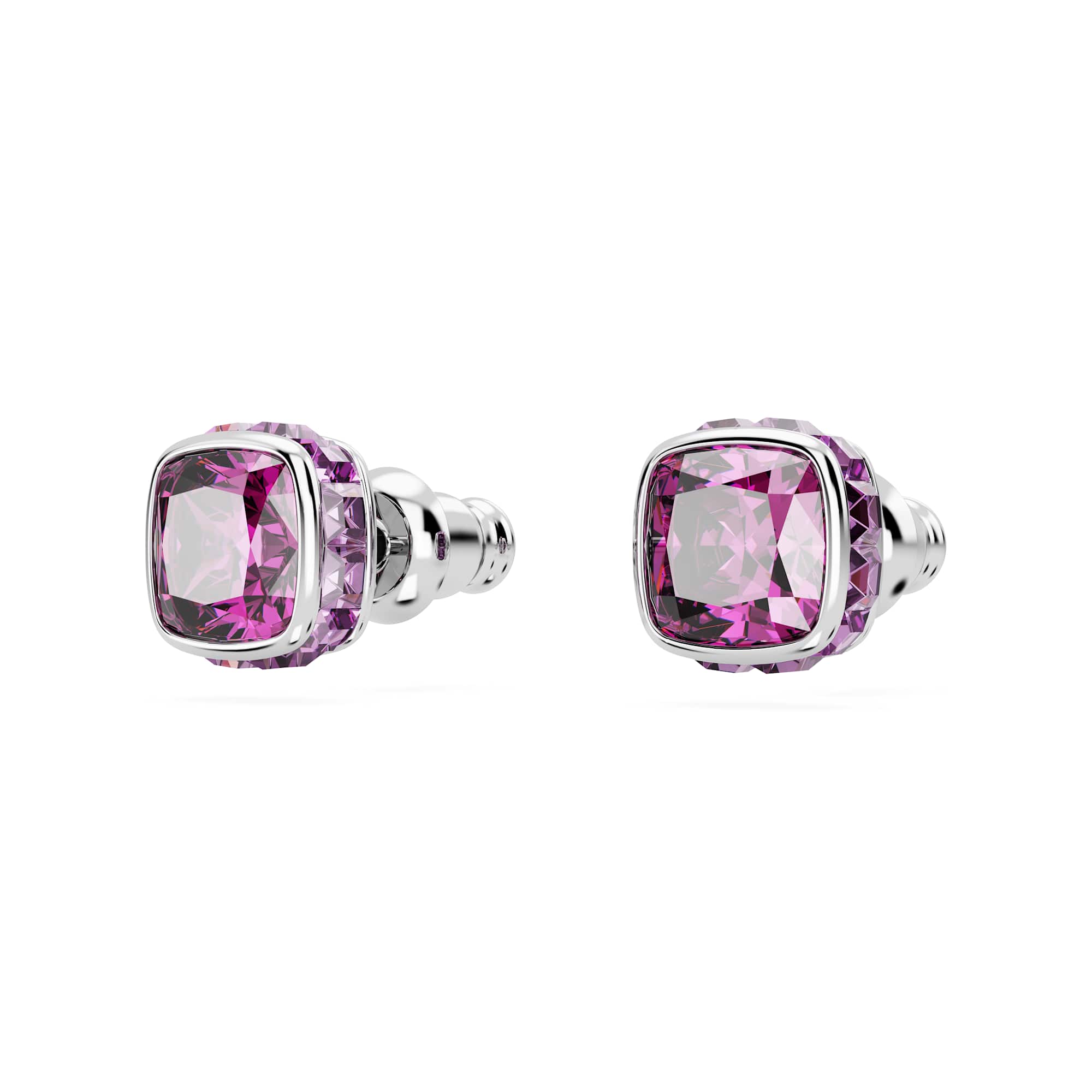 Birthstone stud earrings, Square cut, February, Purple, Rhodium plated