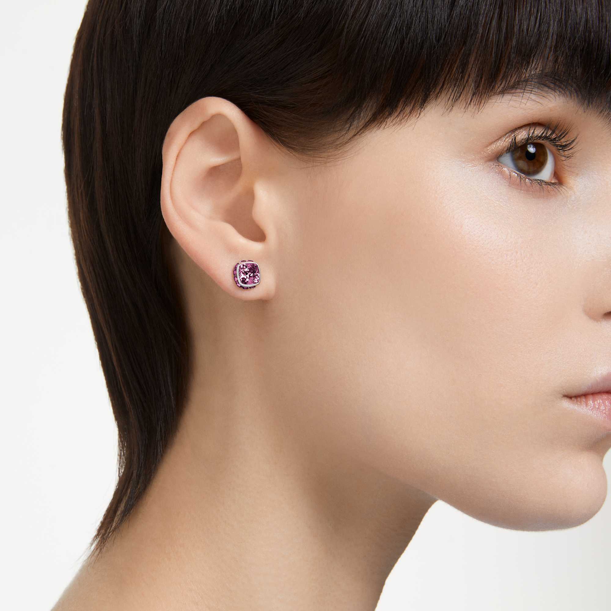 Birthstone stud earrings, Square cut, February, Purple, Rhodium plated