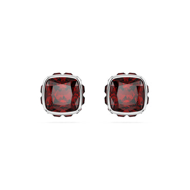 Birthstone stud earrings, Square cut, January, Red, Rhodium plated