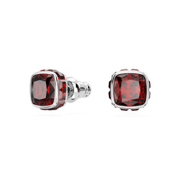 Birthstone stud earrings, Square cut, January, Red, Rhodium plated