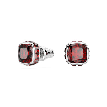Birthstone stud earrings, Square cut, January, Red, Rhodium plated